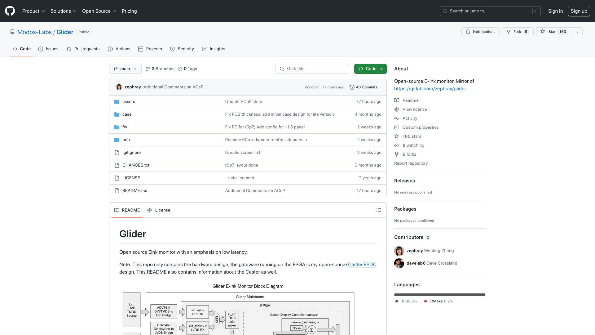Screenshot of github.com: Glider – open-source eInk monitor with an emphasis on low latency
