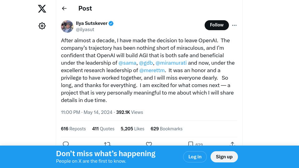 Screenshot of twitter.com: Ilya Sutskever to leave OpenAI