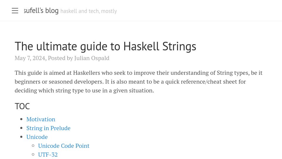Screenshot of hasufell.github.io: The Guide to Haskell Strings
