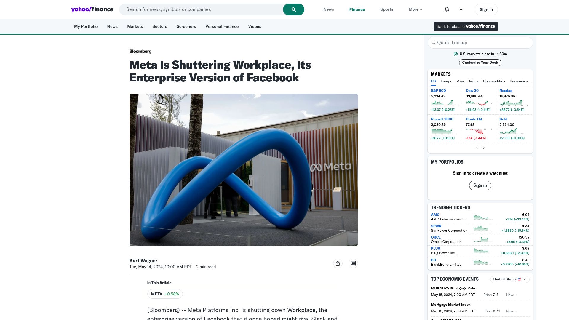 Screenshot of finance.yahoo.com: Meta Is Shuttering Workplace, Its Enterprise Version of Facebook