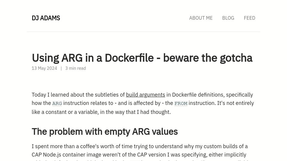 Screenshot of qmacro.org: Using ARG in a Dockerfile – beware the gotcha