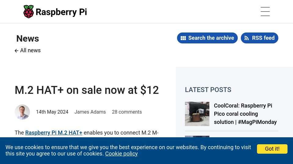 Screenshot of raspberrypi.com: (Pi5) M.2 HAT+ on sale now at $12