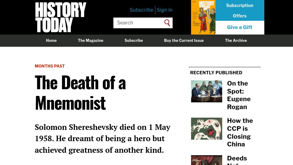 Screenshot of historytoday.com: The Death of a Mnemonist