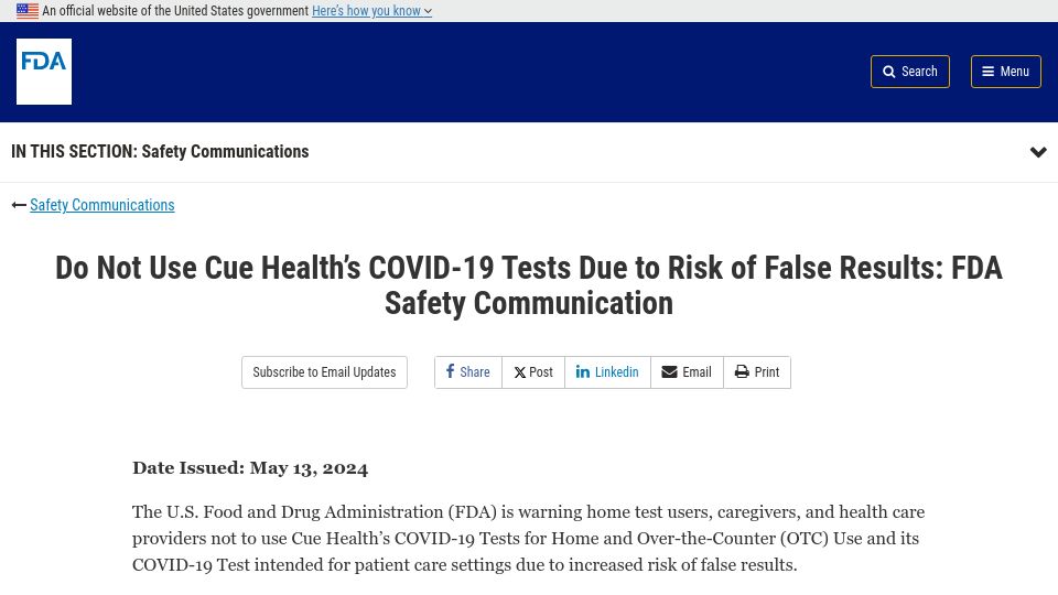 Screenshot of fda.gov: FDA: Do Not Use Cue Health's Covid-19 Tests Due to Risk of False Results