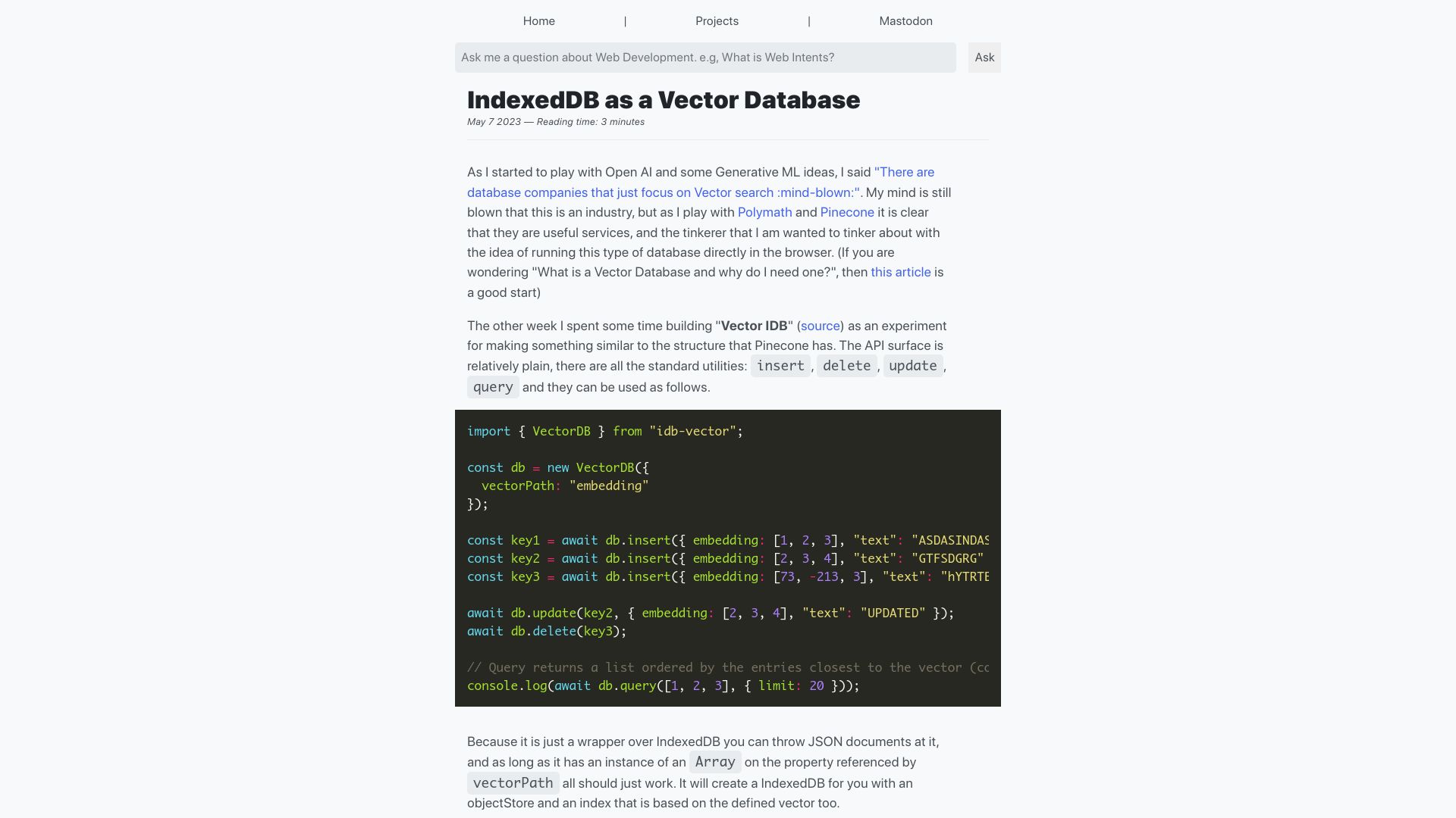 Screenshot of paul.kinlan.me: IndexedDB as a Vector Database