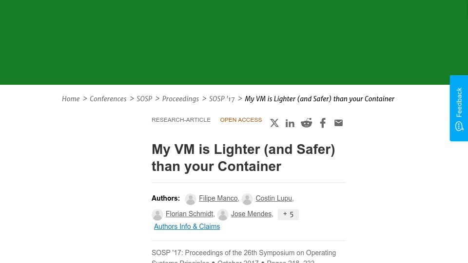 Screenshot of dl.acm.org: My VM is lighter (and safer) than your container (2017)