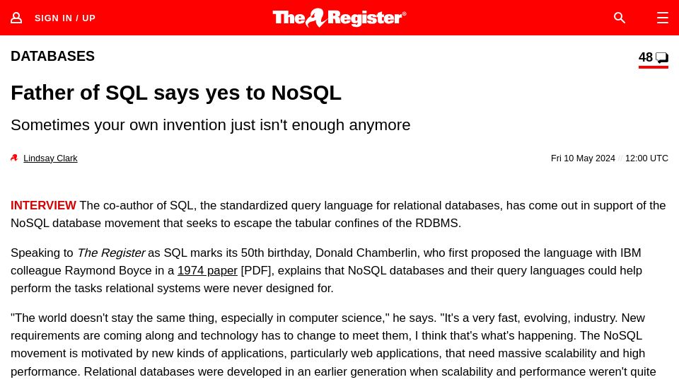 Screenshot of theregister.com: SQL co-creator embraces NoSQL