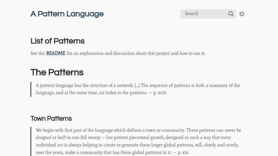 Screenshot of patternlanguage.cc: A Pattern Language