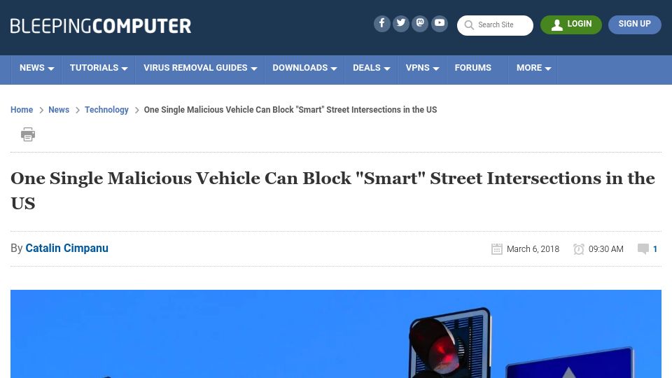 Screenshot of bleepingcomputer.com: One malicious car could trick smart traffic control systems in the US