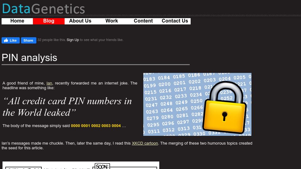 Screenshot of datagenetics.com: Most common PIN codes (2012)