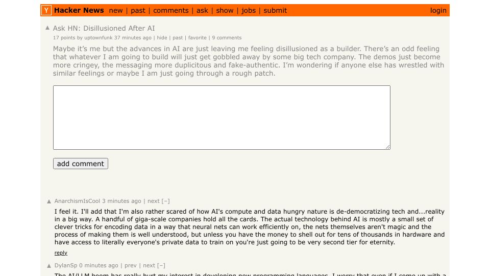 Screenshot of Hacker News post: Ask HN: Disillusioned after AI?