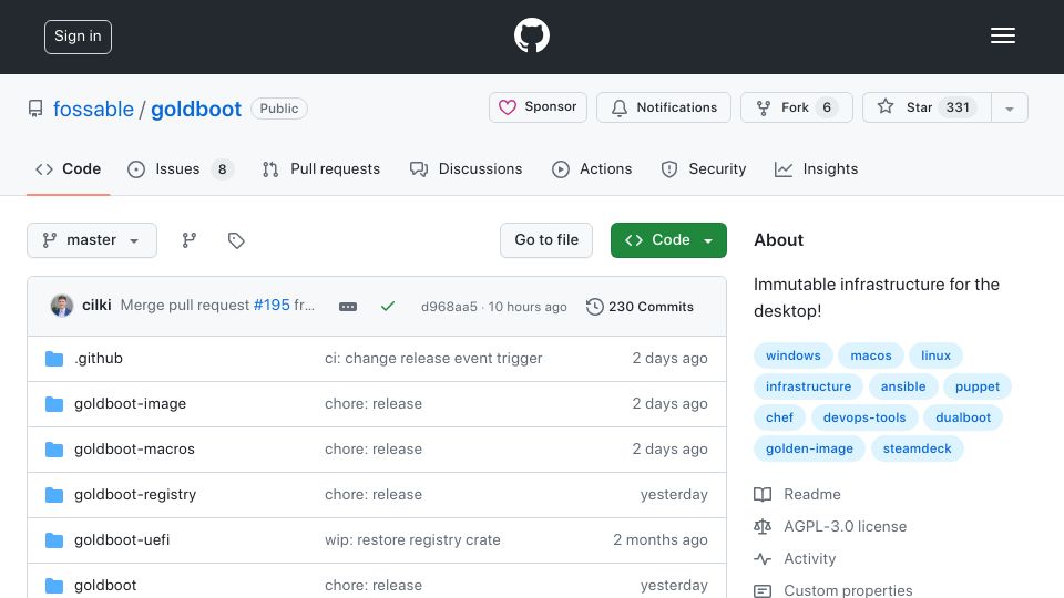 Screenshot of github.com: Goldboot: Immutable infrastructure for the desktop