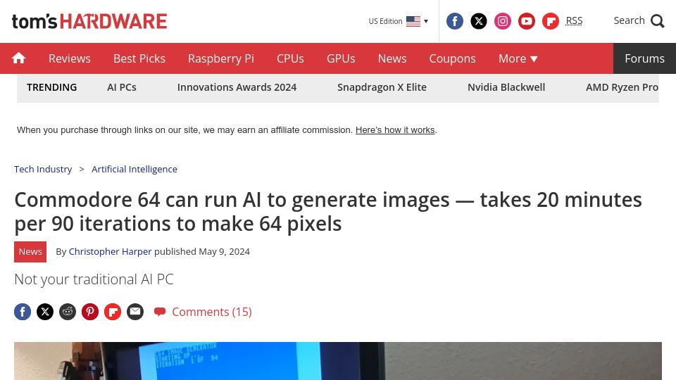 Screenshot of tomshardware.com: Commodore 64 runs AI to generate images
