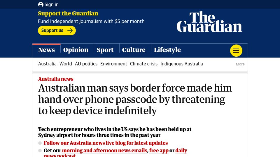 Screenshot of theguardian.com: Australian man says border force made him hand over phone passcode