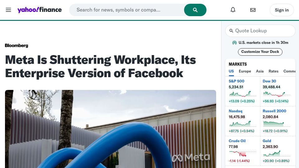 Screenshot of finance.yahoo.com: Meta Is Shuttering Workplace, Its Enterprise Version of Facebook