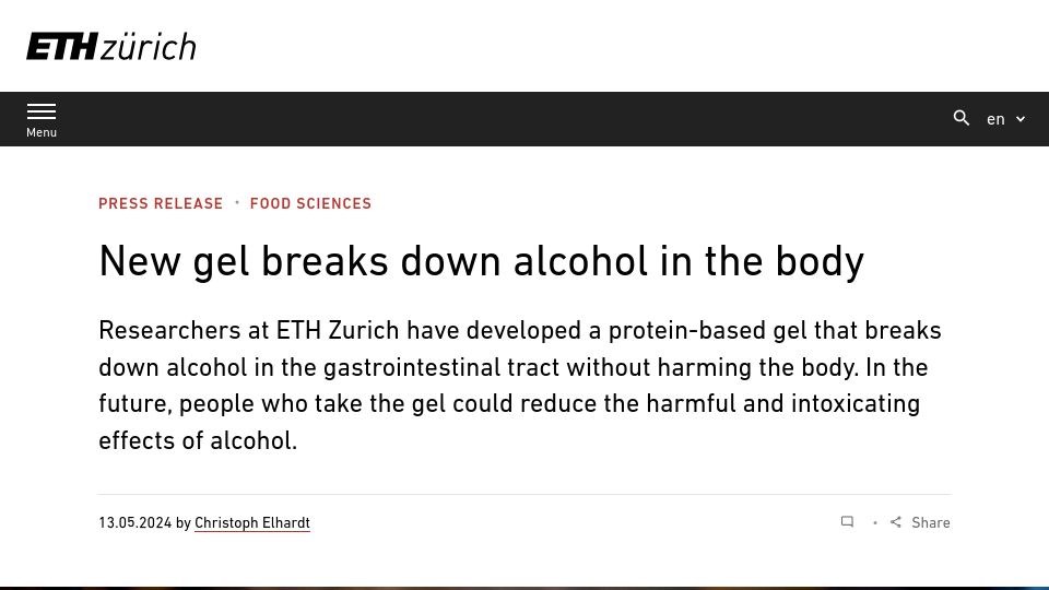 Screenshot of ethz.ch: New gel breaks down alcohol in the body