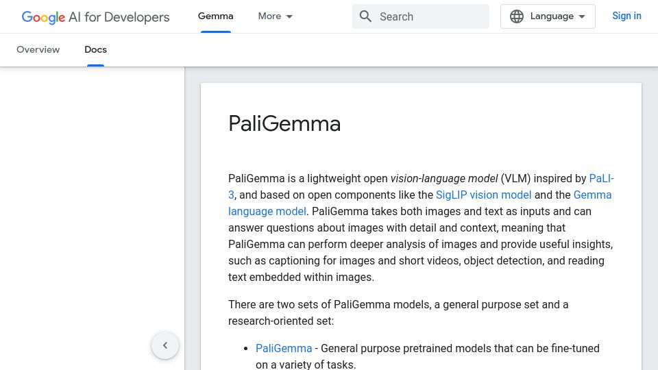 Screenshot of ai.google.dev: PaliGemma