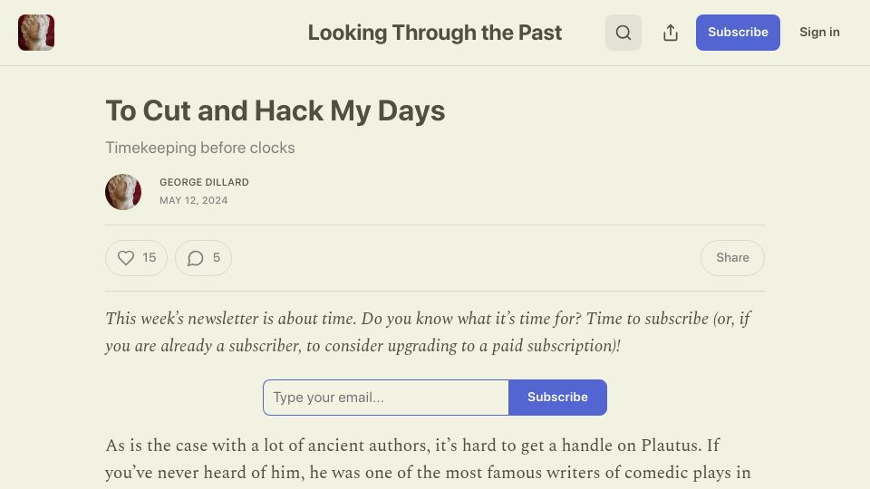Screenshot of worldhistory.substack.com: Timekeeping Before Clocks