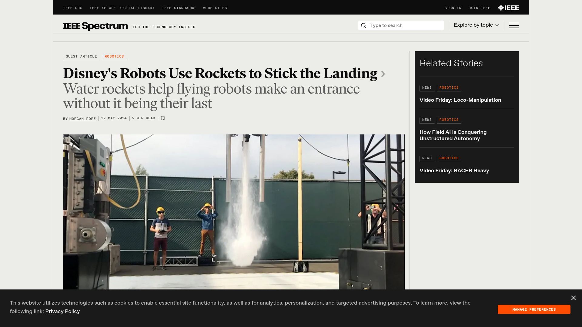 Screenshot of spectrum.ieee.org: Disney's robots use rockets to stick the landing