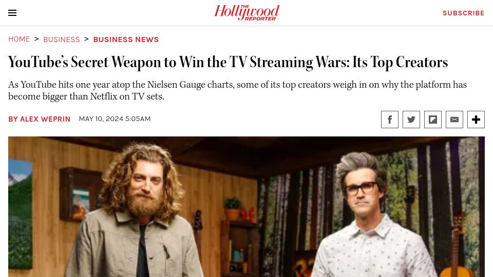 Screenshot of hollywoodreporter.com: YouTube's secret weapon to win the TV streaming wars: Its top creators