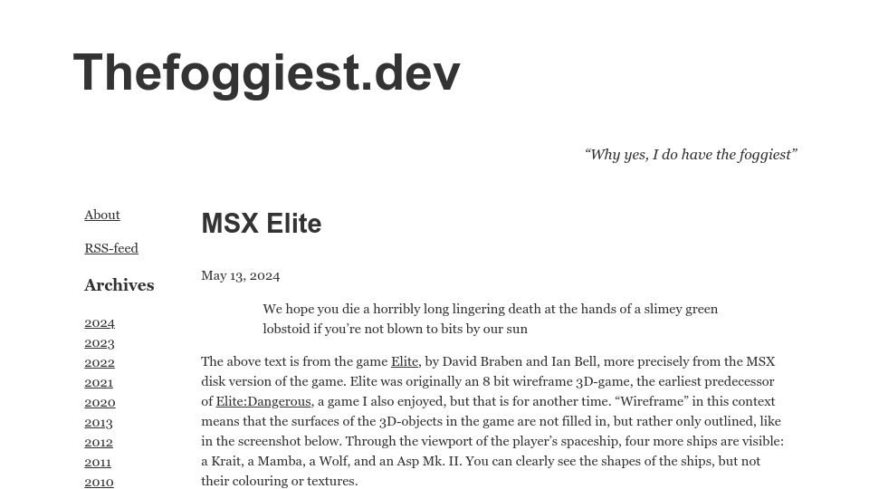 Screenshot of thefoggiest.dev: MSX Elite