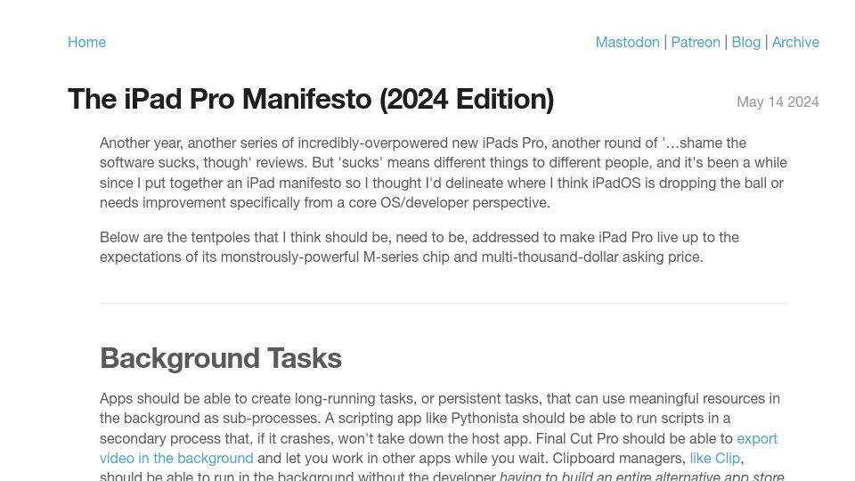 Screenshot of highcaffeinecontent.com: The iPad Pro Manifesto (2024 Edition)