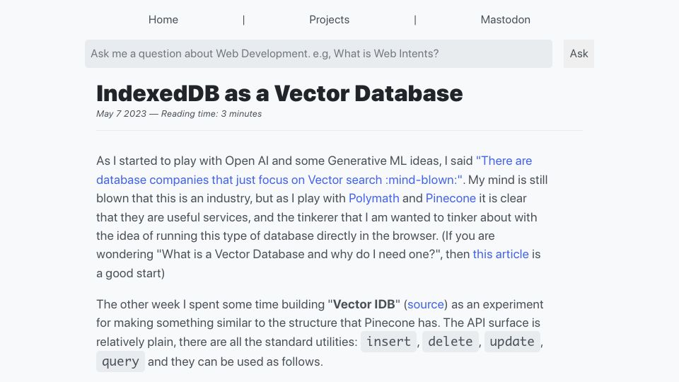 Screenshot of paul.kinlan.me: IndexedDB as a Vector Database