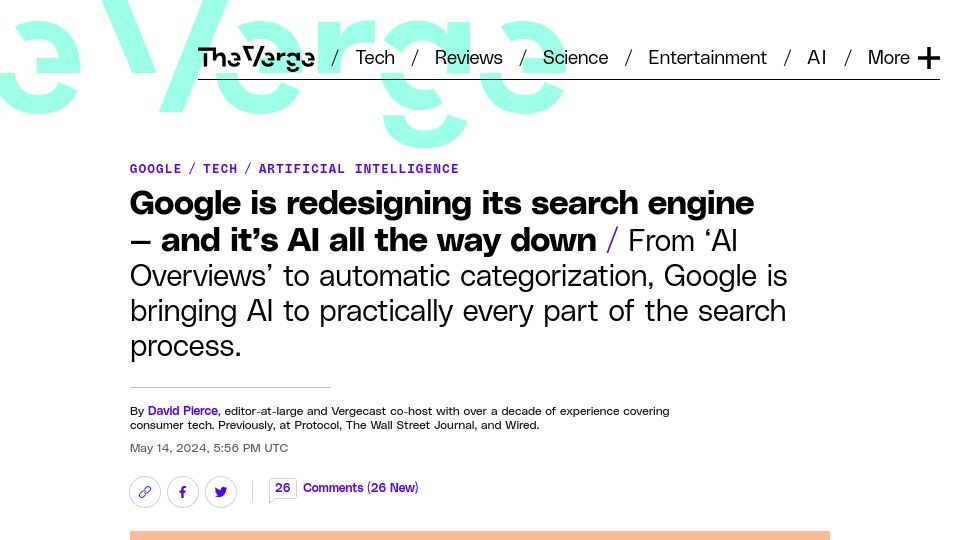 Screenshot of theverge.com: Google is overhauling search results with AI overviews and Gemini organization