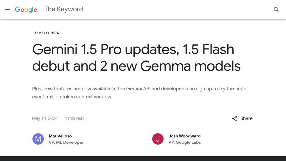 Screenshot of blog.google: Gemini 1.5 Pro updates, 1.5 Flash debut and 2 new Gemma models