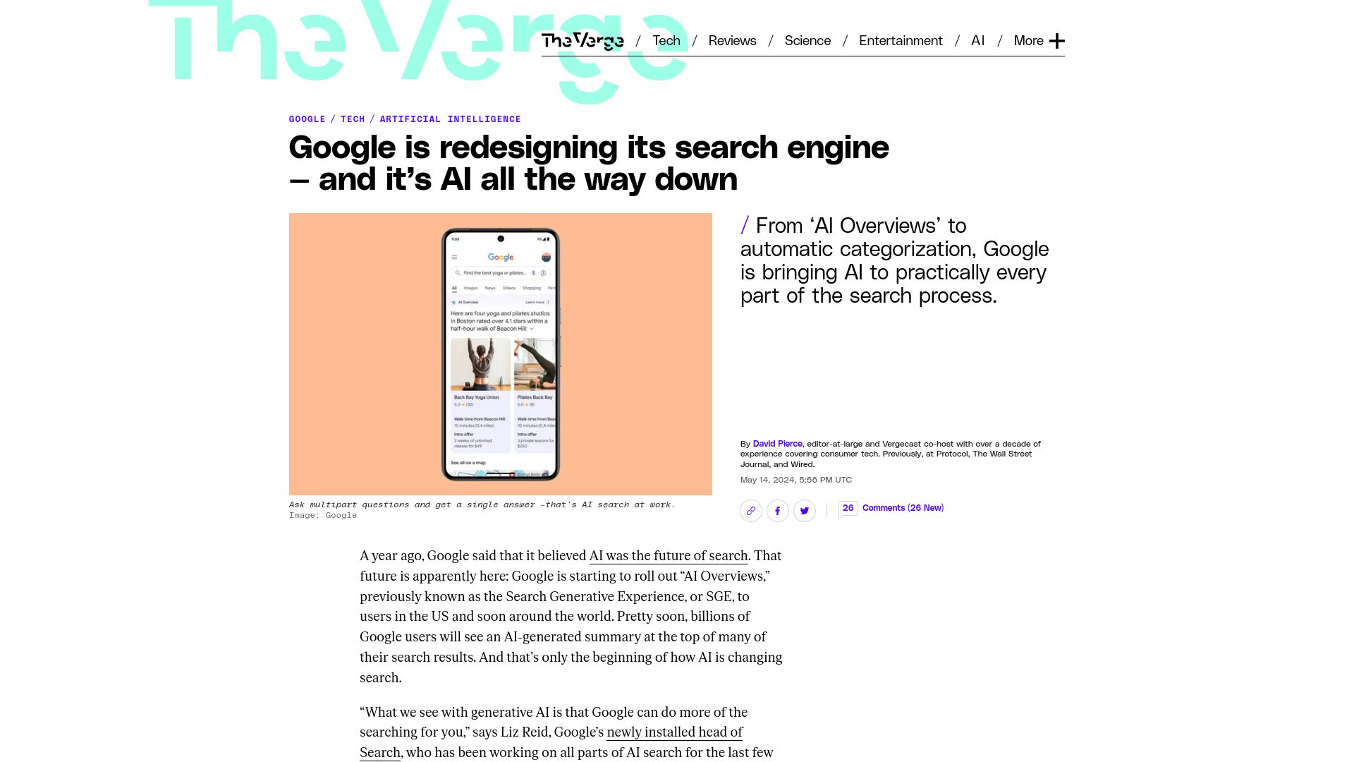 Screenshot of theverge.com: Google is overhauling search results with AI overviews and Gemini organization