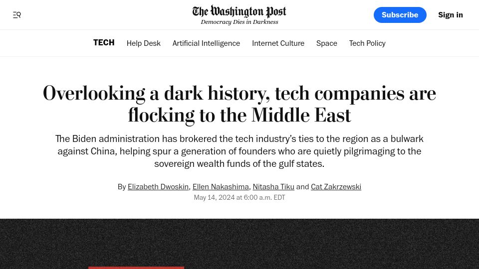 Screenshot of washingtonpost.com: Tech companies are flocking to the Middle East