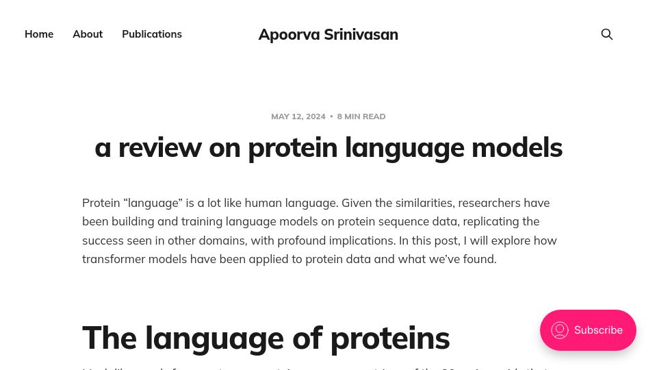 Screenshot of apoorva-srinivasan.com: A review on protein language models