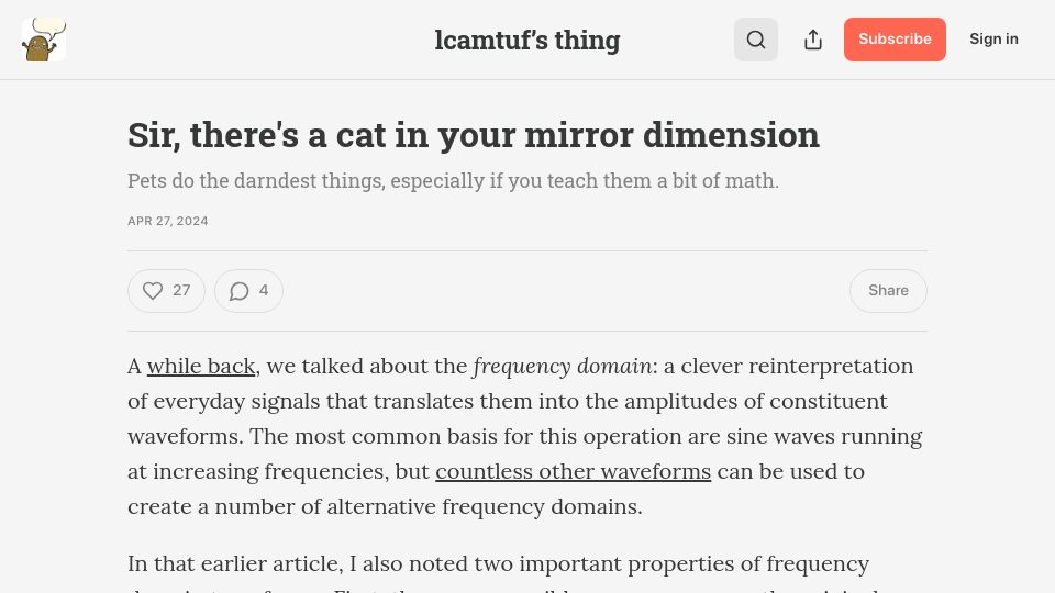 Screenshot of lcamtuf.substack.com: Sir, there's a cat in your mirror dimension