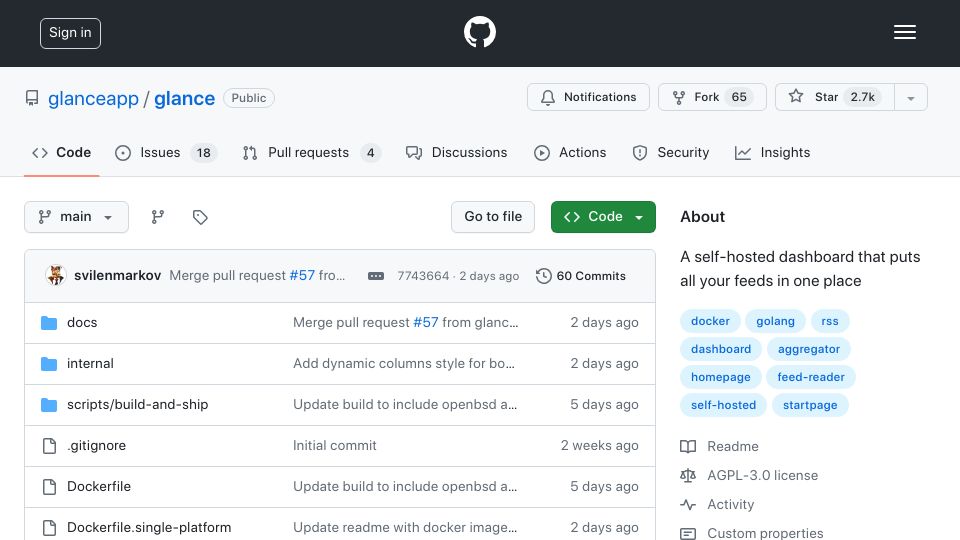 Screenshot of github.com: Glance: A self-hosted dashboard that puts all your feeds in one place