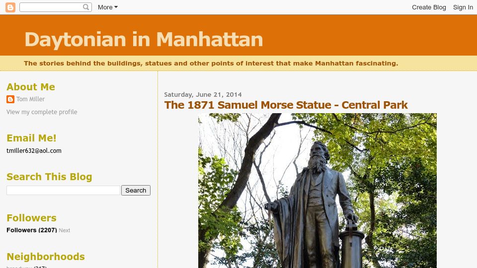 Screenshot of daytoninmanhattan.blogspot.com: The 1871 Samuel Morse Statue (2014)