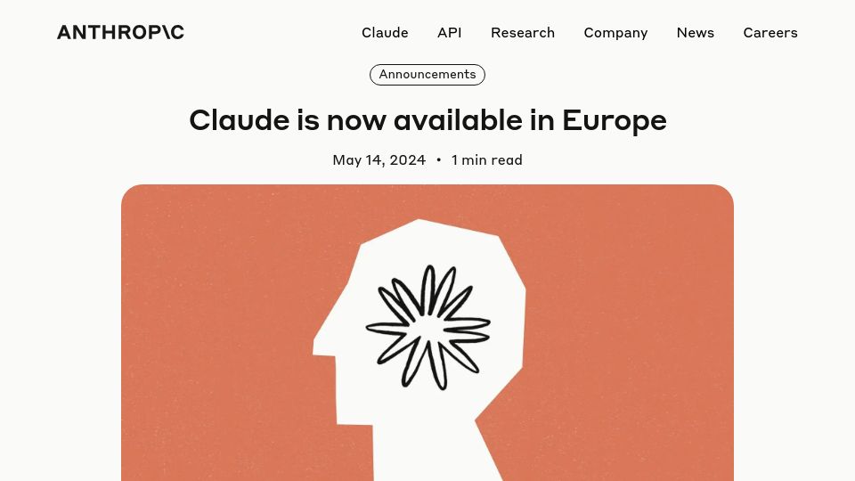 Screenshot of anthropic.com: Claude is now available in Europe