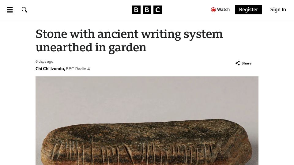 Screenshot of bbc.co.uk: Stone with ancient writing system unearthed in garden