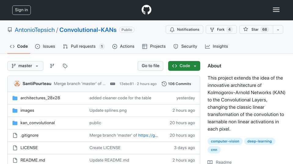 Screenshot of github.com: Convolutional-KANs