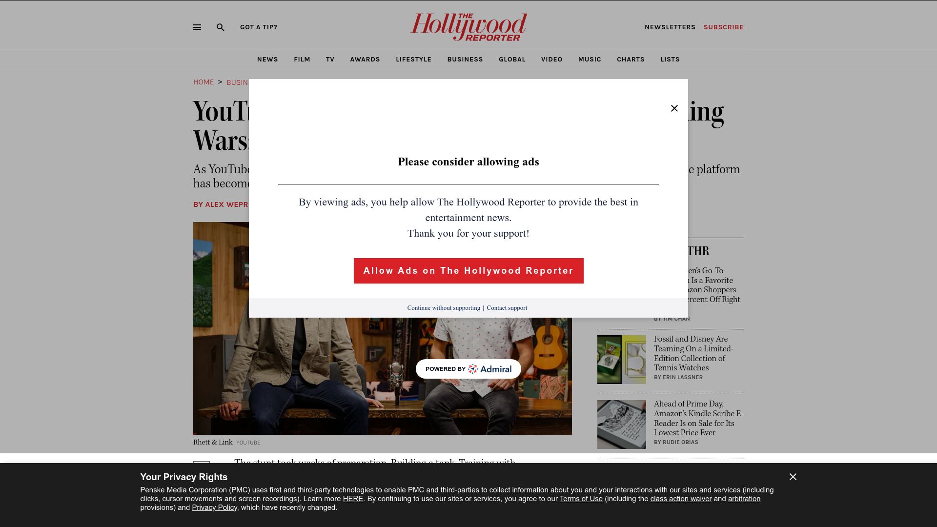 Screenshot of hollywoodreporter.com: YouTube's secret weapon to win the TV streaming wars: Its top creators
