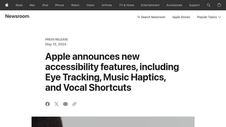 Screenshot of apple.com: Apple announces new accessibility features, including eye tracking