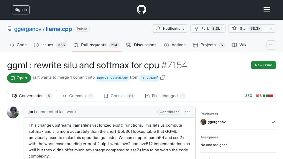Screenshot of github.com: New exponent functions that make SiLU and SoftMax 2x faster, at full accuracy
