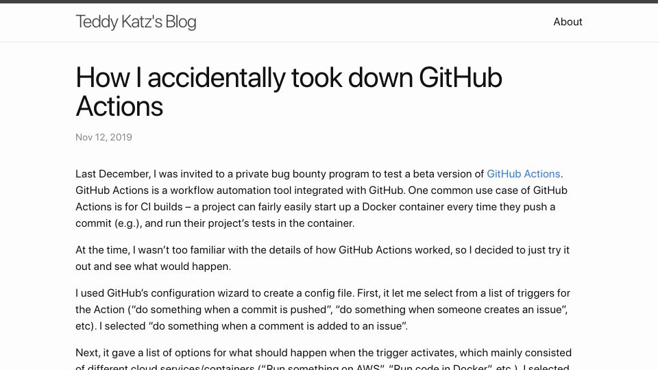 Screenshot of blog.teddykatz.com: Accidentally breaking GitHub Actions with a shorthash collision (2019)
