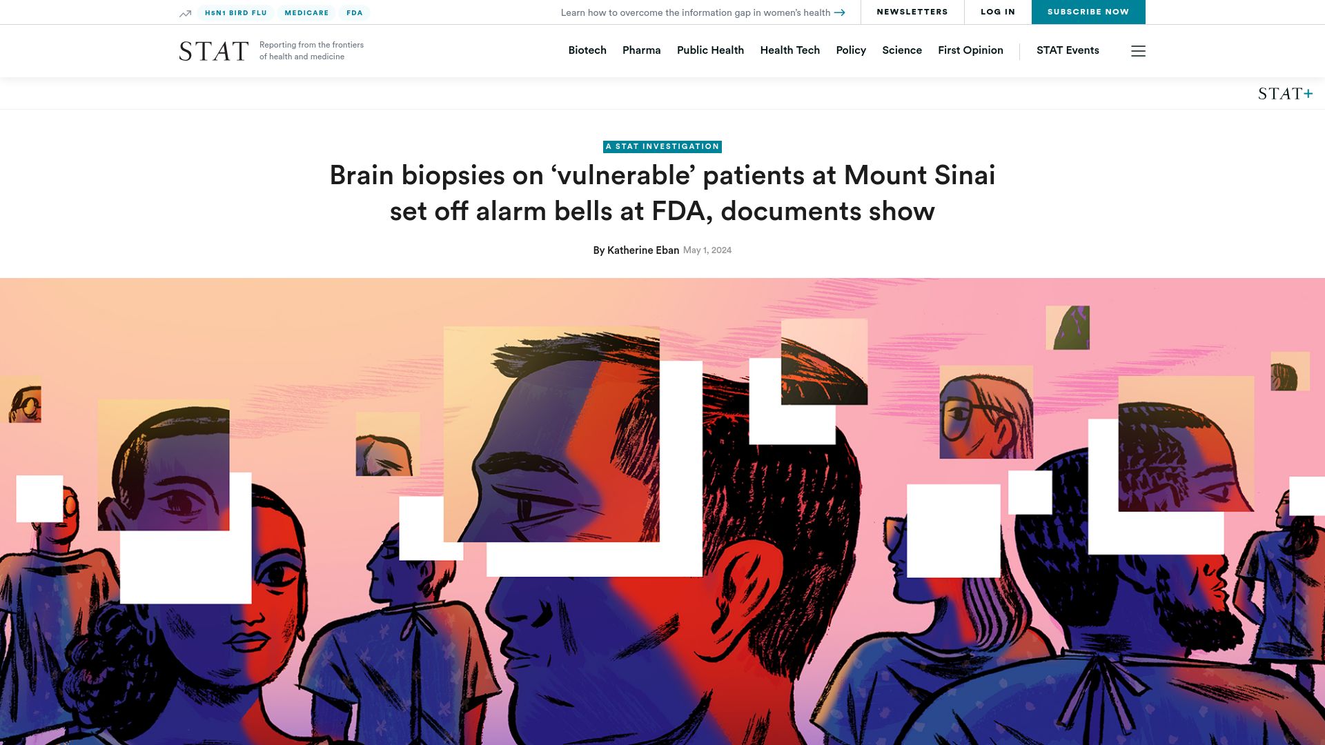 Screenshot of statnews.com: Brain biopsies on 'vulnerable' patients at Mt Sinai set off alarm bells at FDA