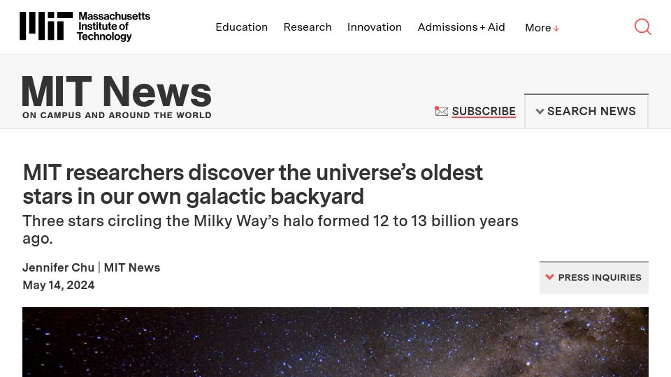 Screenshot of news.mit.edu: Three of the oldest stars in the universe found circling the Milky Way