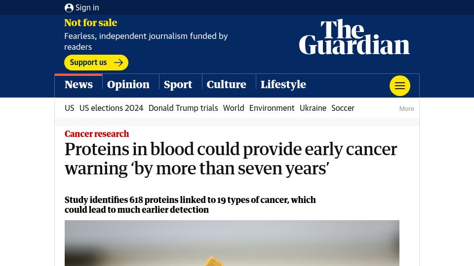 Screenshot of theguardian.com: Proteins in blood could provide early cancer warning 'by more than seven years'
