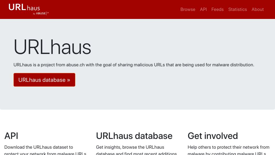 Screenshot of urlhaus.abuse.ch: URLhaus: A database of malicious URLs used for malware distribution