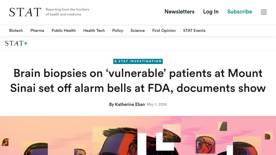 Screenshot of statnews.com: Brain biopsies on 'vulnerable' patients at Mt Sinai set off alarm bells at FDA
