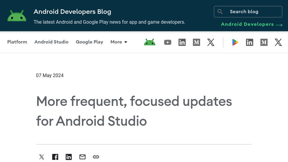 Screenshot of android-developers.googleblog.com: More frequent, focused updates for Android Studio