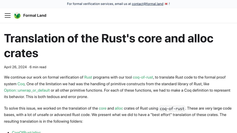 Screenshot of formal.land: Translation of Rust's core and alloc crates to Coq for formal verification