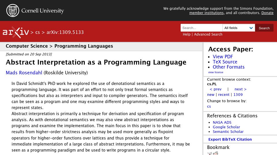 Screenshot of arxiv.org: Abstract Interpretation as a Programming Language